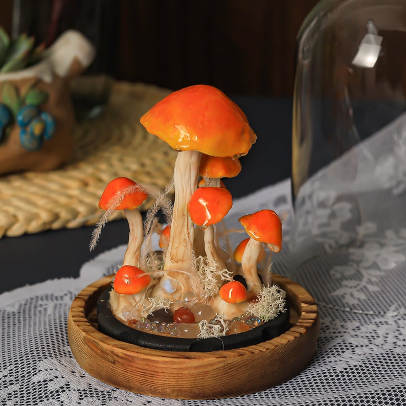 Orange Mushroom Lamp with Glass Cover and Wooden Base, Battery or USB Powered Night Light Desk Lamp