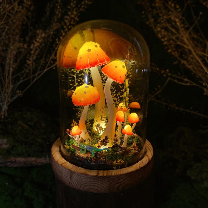 LED Mushroom Lamp with Lizard Figurine Glass Dome Wooden Base Table Night Light
