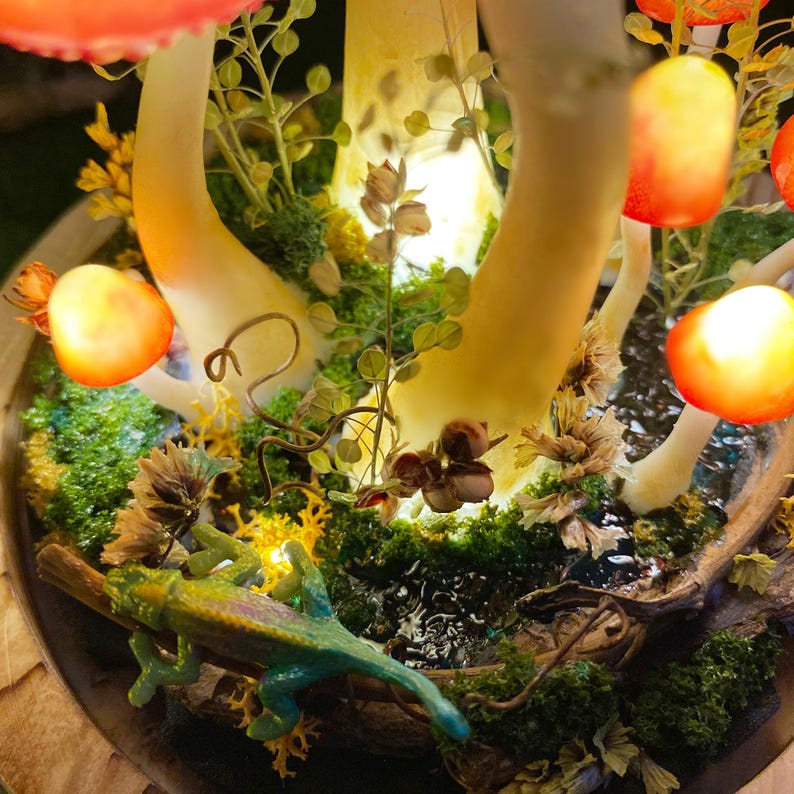 LED Mushroom Lamp with Lizard Figurine Glass Dome Wooden Base Table Night Light