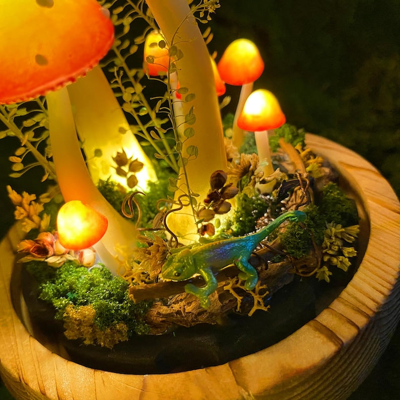 LED Mushroom Lamp with Lizard Figurine Glass Dome Wooden Base Table Night Light