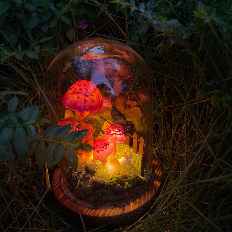 Glass Mushroom Night Light with Butterfly Rabbit Forest Scene, Battery or USB Powered