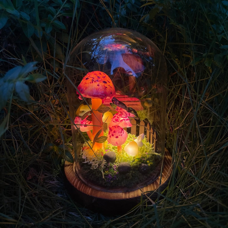 Glass Mushroom Night Light with Butterfly Rabbit Forest Scene, Battery or USB Powered