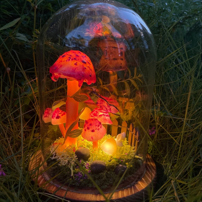 Glass Mushroom Night Light with Butterfly Rabbit Forest Scene, Battery or USB Powered
