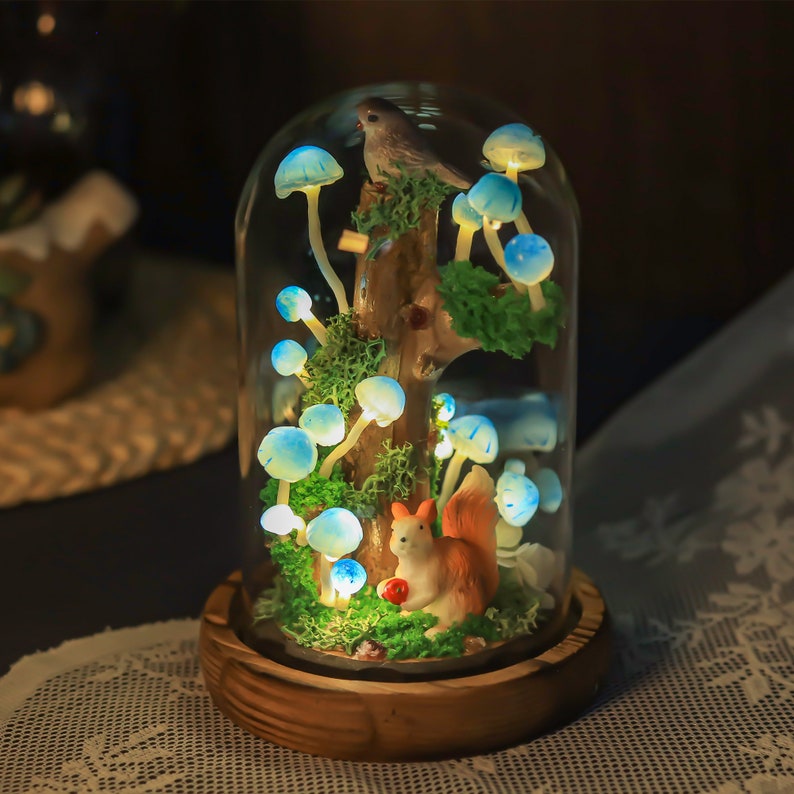 Sky Blue Mushroom Night Light on Tree Stump with Squirrel and Bird, 4.33 x 4.33 x 6.49 in, USB or Battery Powered