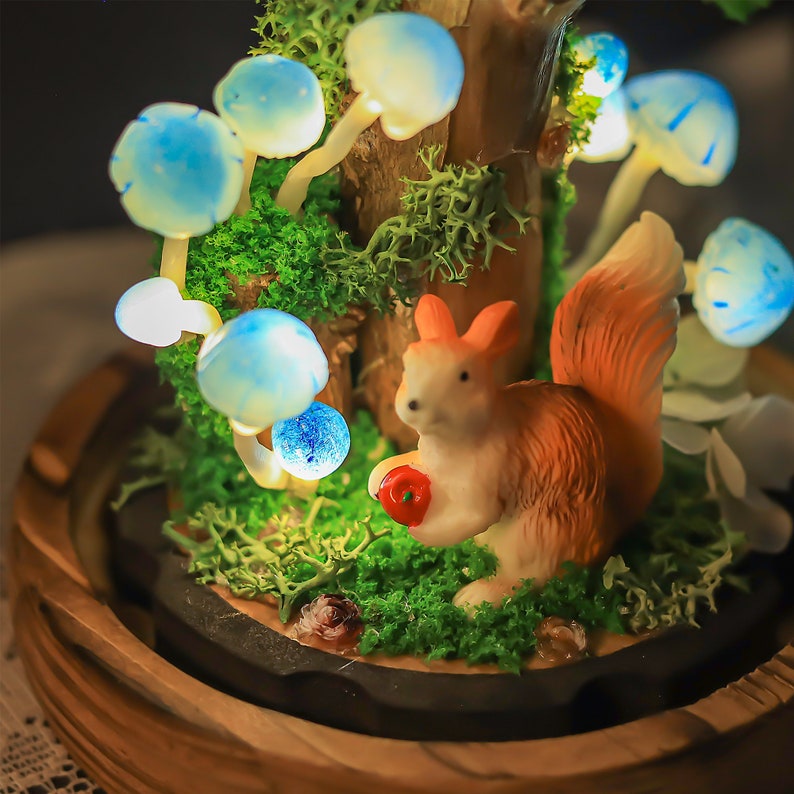 Sky Blue Mushroom Night Light on Tree Stump with Squirrel and Bird, 4.33 x 4.33 x 6.49 in, USB or Battery Powered