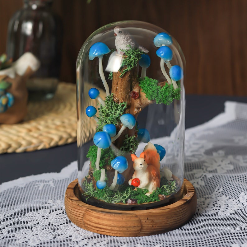 Sky Blue Mushroom Night Light on Tree Stump with Squirrel and Bird, 4.33 x 4.33 x 6.49 in, USB or Battery Powered