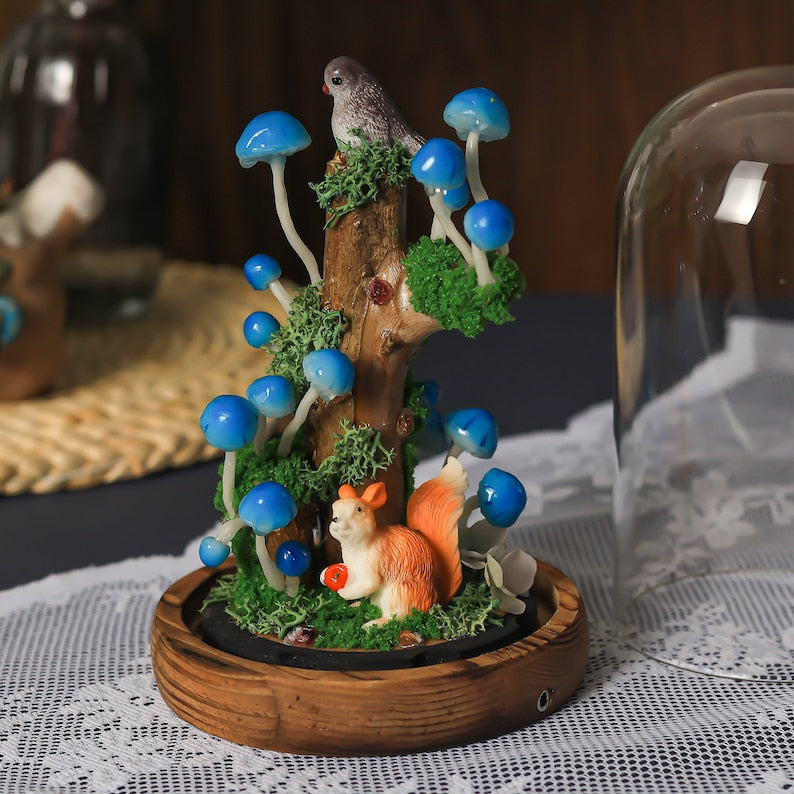 Sky Blue Mushroom Night Light on Tree Stump with Squirrel and Bird, 4.33 x 4.33 x 6.49 in, USB or Battery Powered