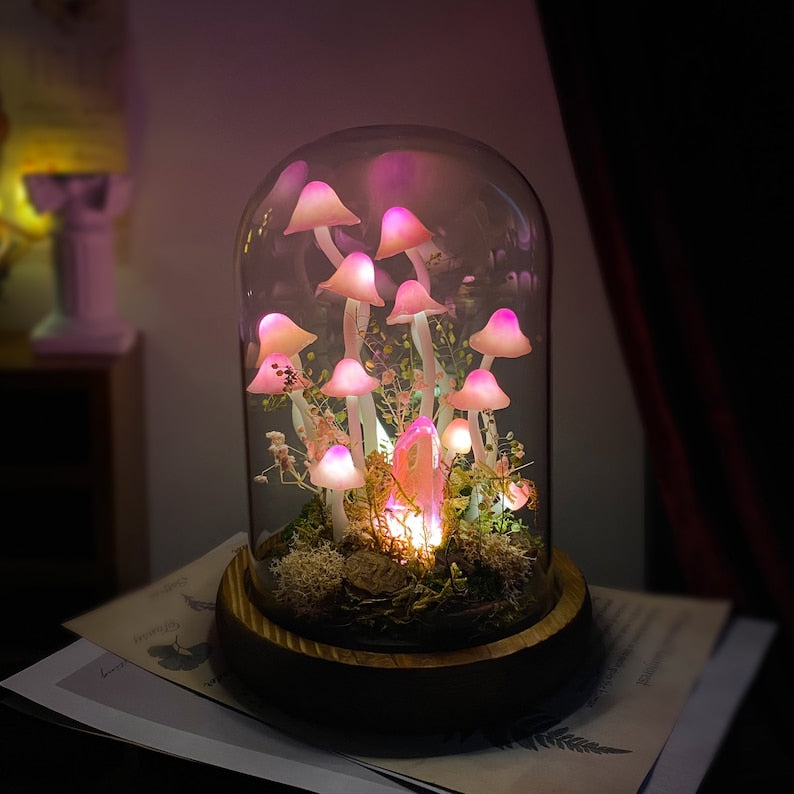 Pink Mushroom Lamp with Glowing Crystal, Handmade LED Night Light, Wooden Base & Glass Dome, 6.7-Inch, Battery or USB Powered
