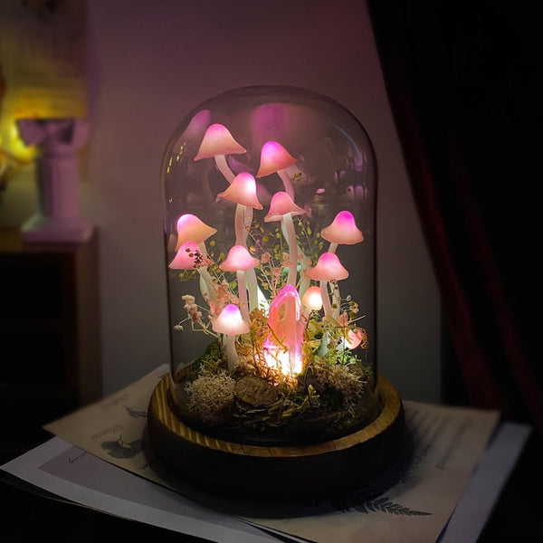 Pink Mushroom Lamp with Glowing Crystal, Handmade LED Night Light, Wooden Base & Glass Dome, 6.7-Inch, Battery or USB Powered
