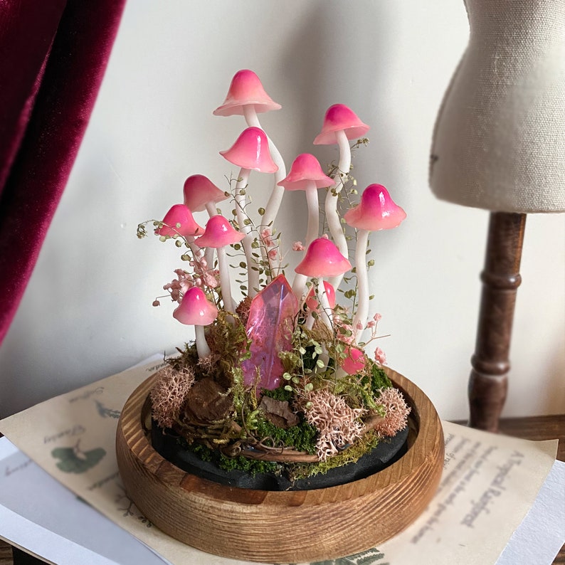 Pink Mushroom Lamp with Glowing Crystal, Handmade LED Night Light, Wooden Base & Glass Dome, 6.7-Inch, Battery or USB Powered