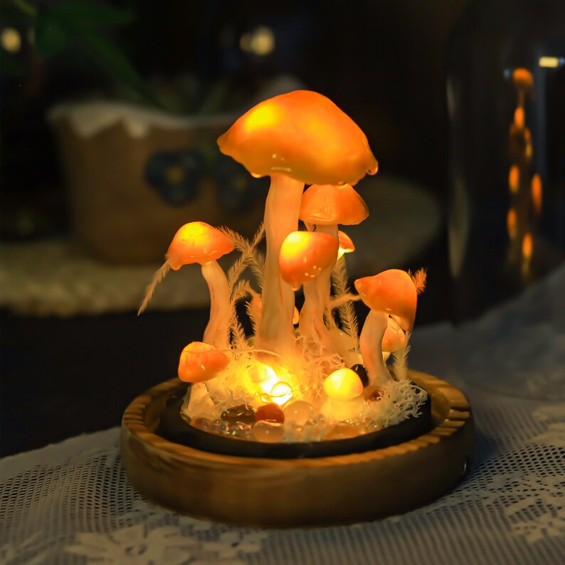 Orange Mushroom Lamp with Glass Cover and Wooden Base, Battery or USB Powered Night Light Desk Lamp