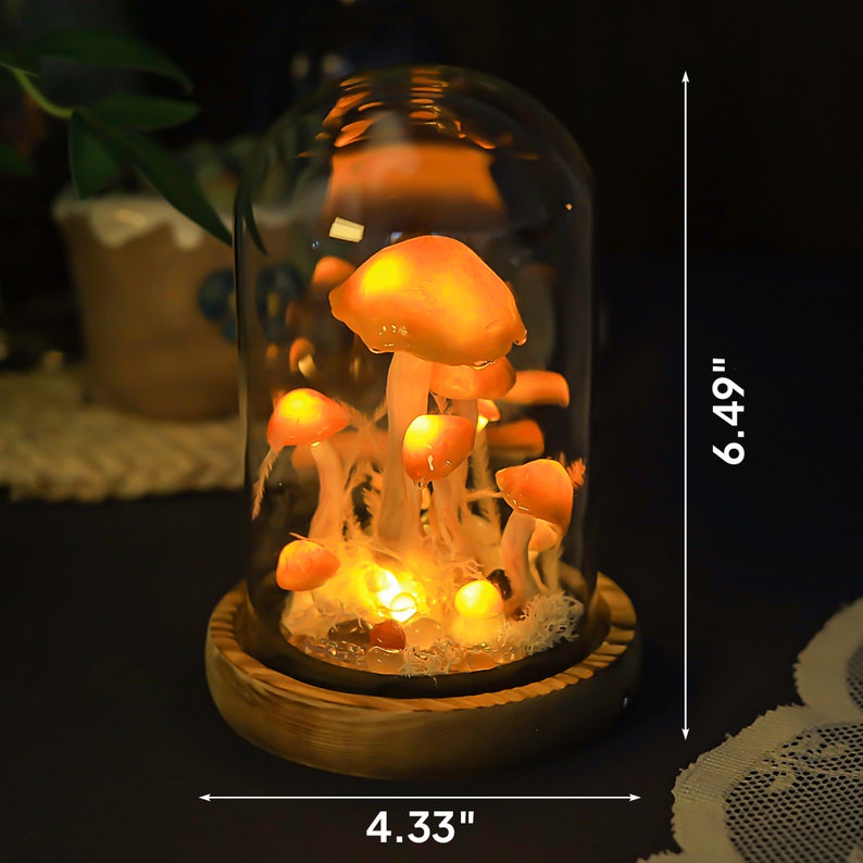 Orange Mushroom Lamp with Glass Cover and Wooden Base, Battery or USB Powered Night Light Desk Lamp