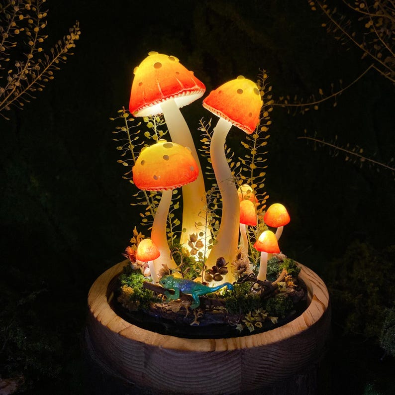 LED Mushroom Lamp with Lizard Figurine Glass Dome Wooden Base Table Night Light