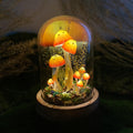 LED Mushroom Lamp with Lizard Figurine Glass Dome Wooden Base Table Night Light