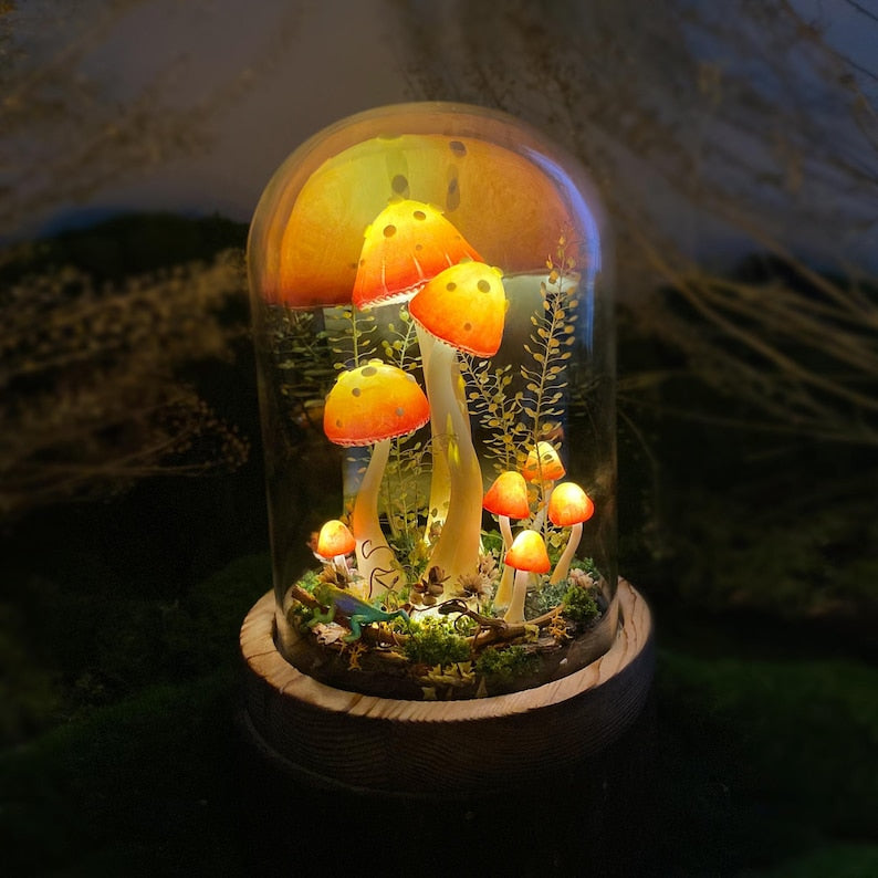 LED Mushroom Lamp with Lizard Figurine Glass Dome Wooden Base Table Night Light