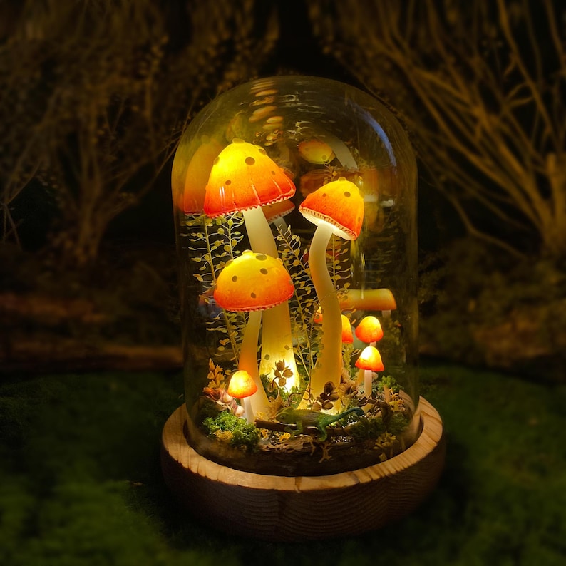 LED Mushroom Lamp with Lizard Figurine Glass Dome Wooden Base Table Night Light