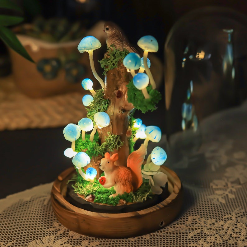 Sky Blue Mushroom Night Light on Tree Stump with Squirrel and Bird, 4.33 x 4.33 x 6.49 in, USB or Battery Powered