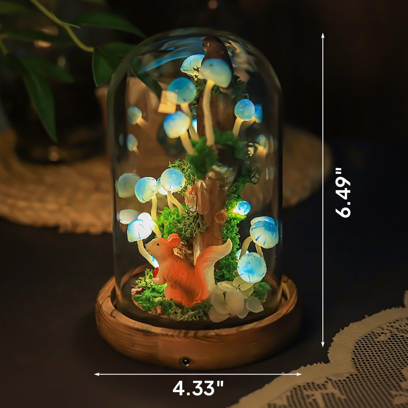 Sky Blue Mushroom Night Light on Tree Stump with Squirrel and Bird, 4.33 x 4.33 x 6.49 in, USB or Battery Powered