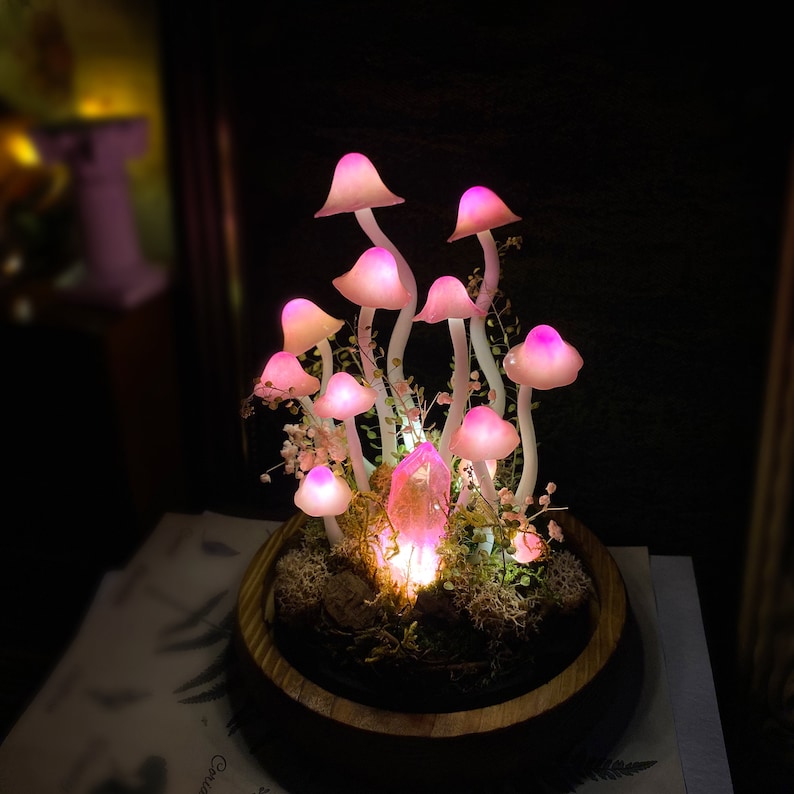 Pink Mushroom Lamp with Glowing Crystal, Handmade LED Night Light, Wooden Base & Glass Dome, 6.7-Inch, Battery or USB Powered