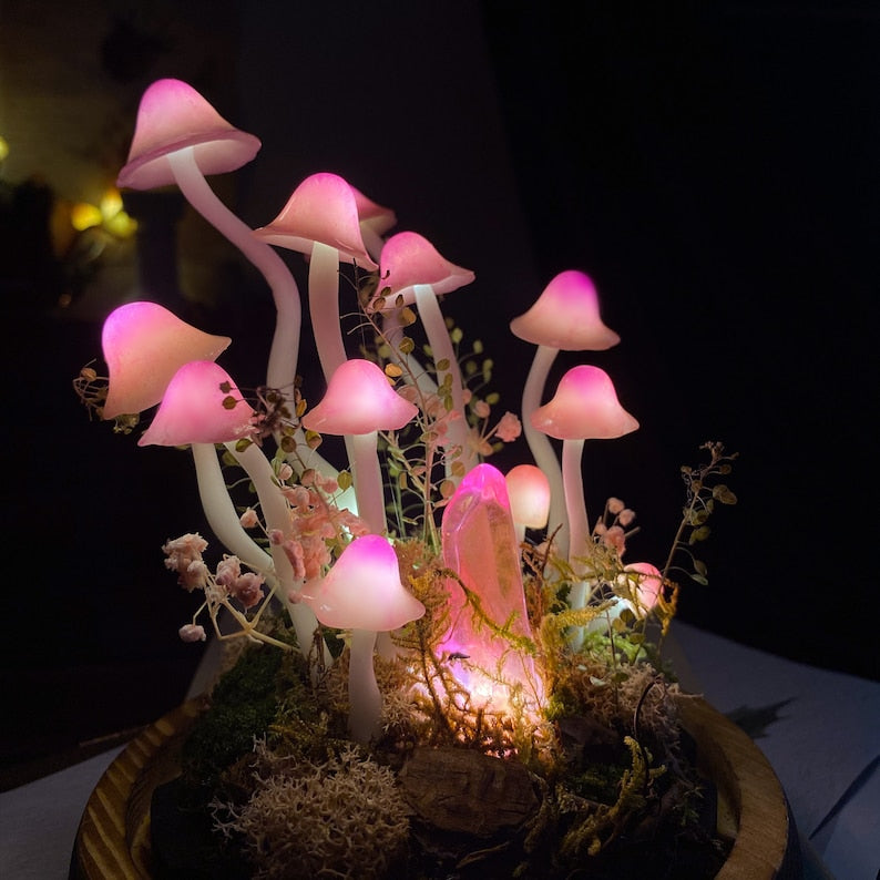 Pink Mushroom Lamp with Glowing Crystal, Handmade LED Night Light, Wooden Base & Glass Dome, 6.7-Inch, Battery or USB Powered