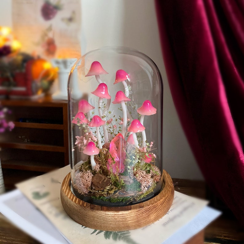 Pink Mushroom Lamp with Glowing Crystal, Handmade LED Night Light, Wooden Base & Glass Dome, 6.7-Inch, Battery or USB Powered