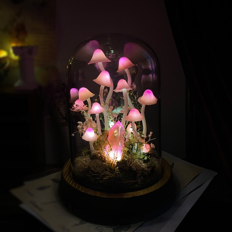 Pink Mushroom Lamp with Glowing Crystal, Handmade LED Night Light, Wooden Base & Glass Dome, 6.7-Inch, Battery or USB Powered