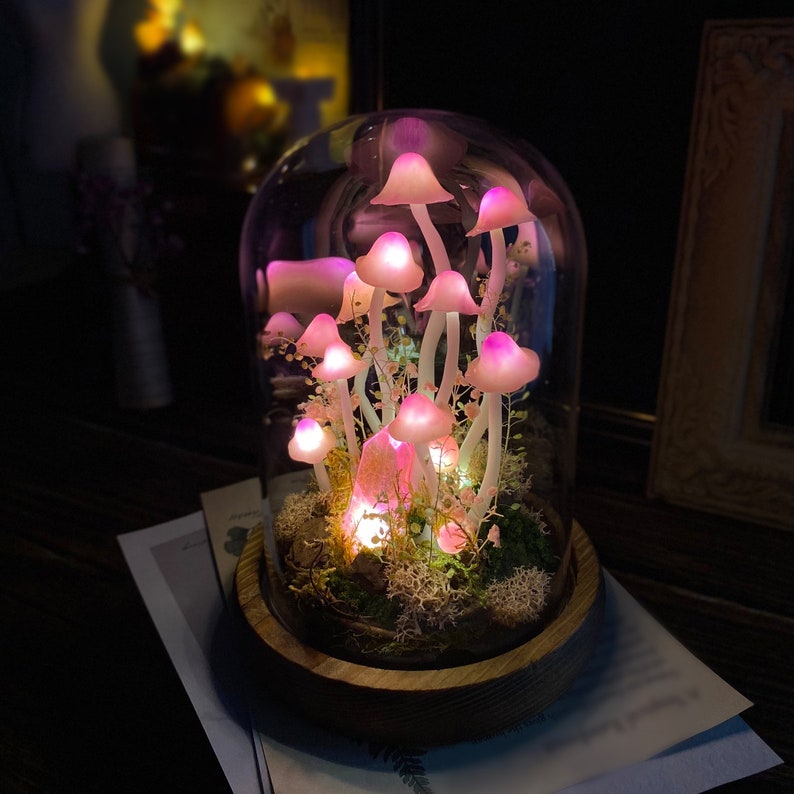 Pink Mushroom Lamp with Glowing Crystal, Handmade LED Night Light, Wooden Base & Glass Dome, 6.7-Inch, Battery or USB Powered