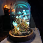 Blue Mushroom Lamp with Fairy and Pond, Handmade Glass Dome Night Light, Wooden Base, LED, 17x12x12 cm