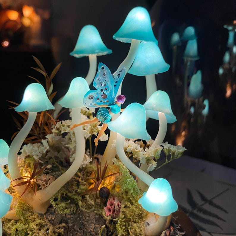 Blue Mushroom Lamp with Fairy and Pond, Handmade Glass Dome Night Light, Wooden Base, LED, 17x12x12 cm