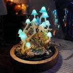 Blue Mushroom Lamp with Fairy and Pond, Handmade Glass Dome Night Light, Wooden Base, LED, 17x12x12 cm
