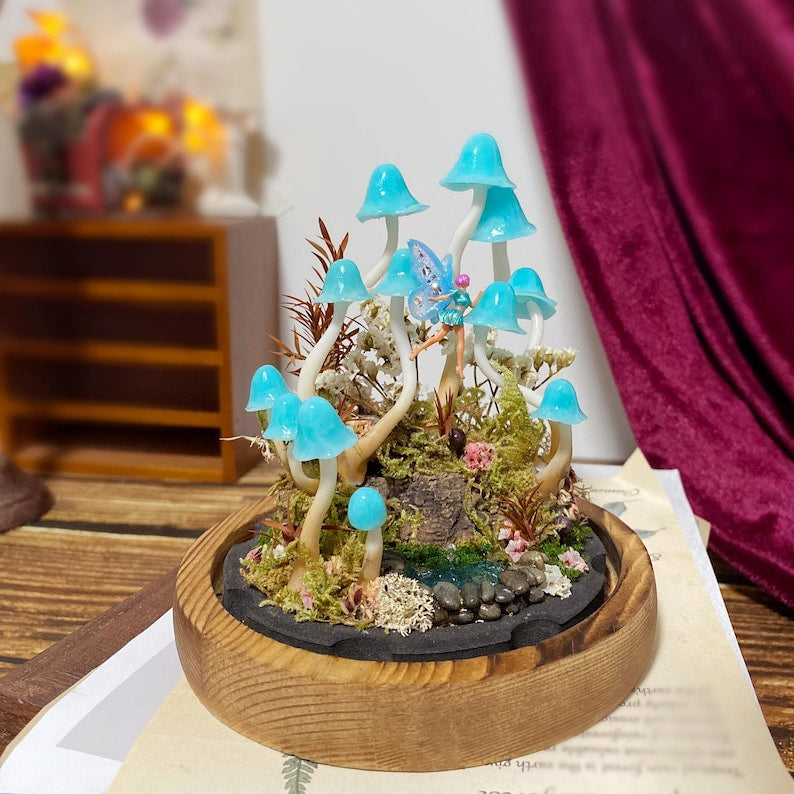 Blue Mushroom Lamp with Fairy and Pond, Handmade Glass Dome Night Light, Wooden Base, LED, 17x12x12 cm