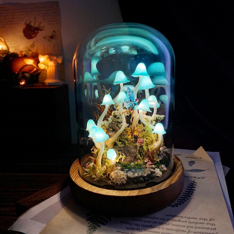 Blue Mushroom Lamp with Fairy and Pond, Handmade Glass Dome Night Light, Wooden Base, LED, 17x12x12 cm