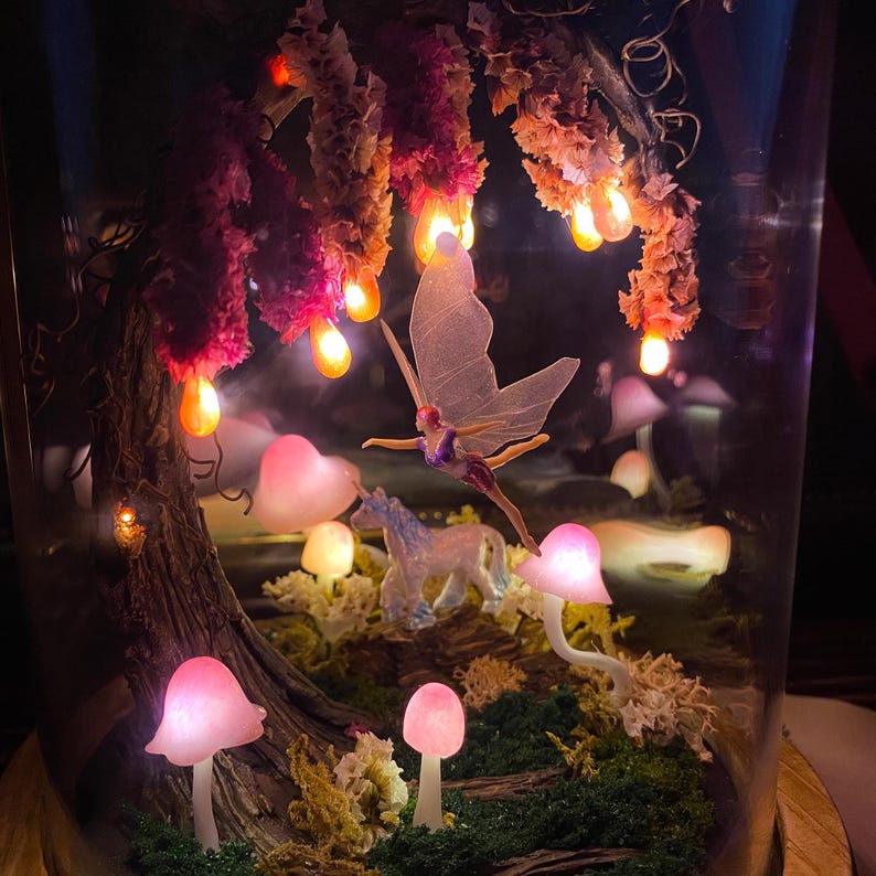 Pink Wisteria Fairy Unicorn Mushroom Night Light LED Lamp with Wooden Base Glass Dome