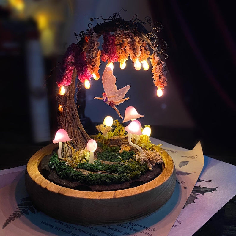 Pink Wisteria Fairy Unicorn Mushroom Night Light LED Lamp with Wooden Base Glass Dome