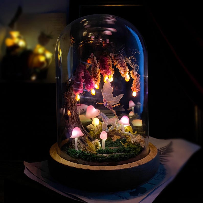 Pink Wisteria Fairy Unicorn Mushroom Night Light LED Lamp with Wooden Base Glass Dome