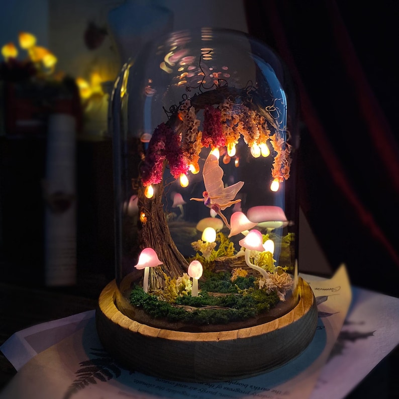 Pink Wisteria Fairy Unicorn Mushroom Night Light LED Lamp with Wooden Base Glass Dome