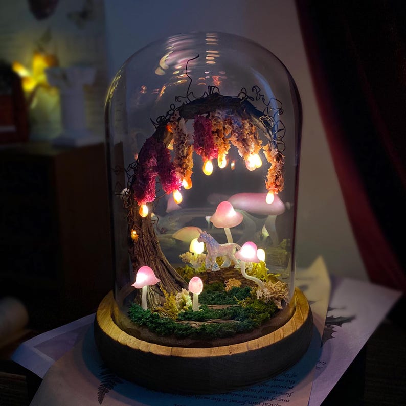 Pink Wisteria Fairy Unicorn Mushroom Night Light LED Lamp with Wooden Base Glass Dome