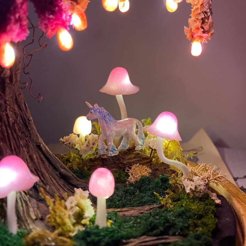 Pink Wisteria Fairy Unicorn Mushroom Night Light LED Lamp with Wooden Base Glass Dome