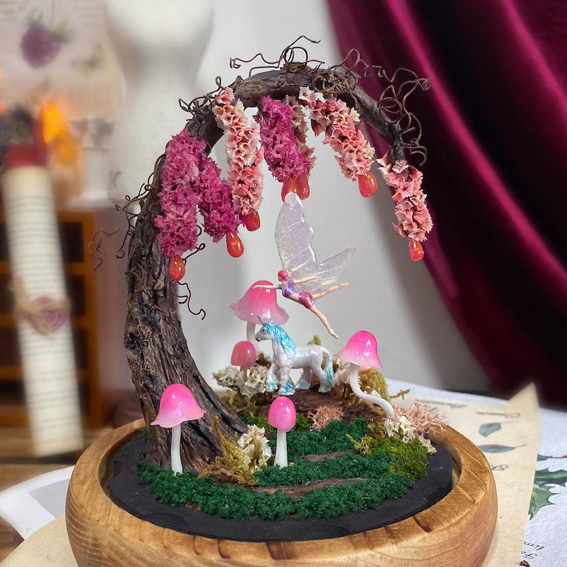 Pink Wisteria Fairy Unicorn Mushroom Night Light LED Lamp with Wooden Base Glass Dome
