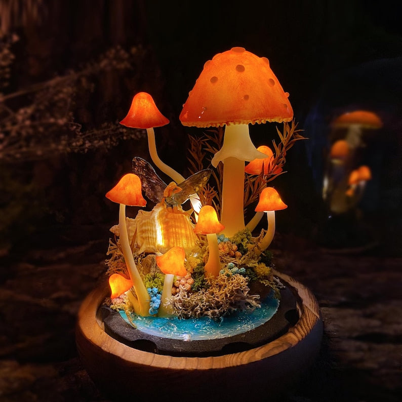 Ocean Fairy Night Light with Mushroom Lamp and Miniature Fairy, Wooden Base and Glass Dome, Standard or Large Size