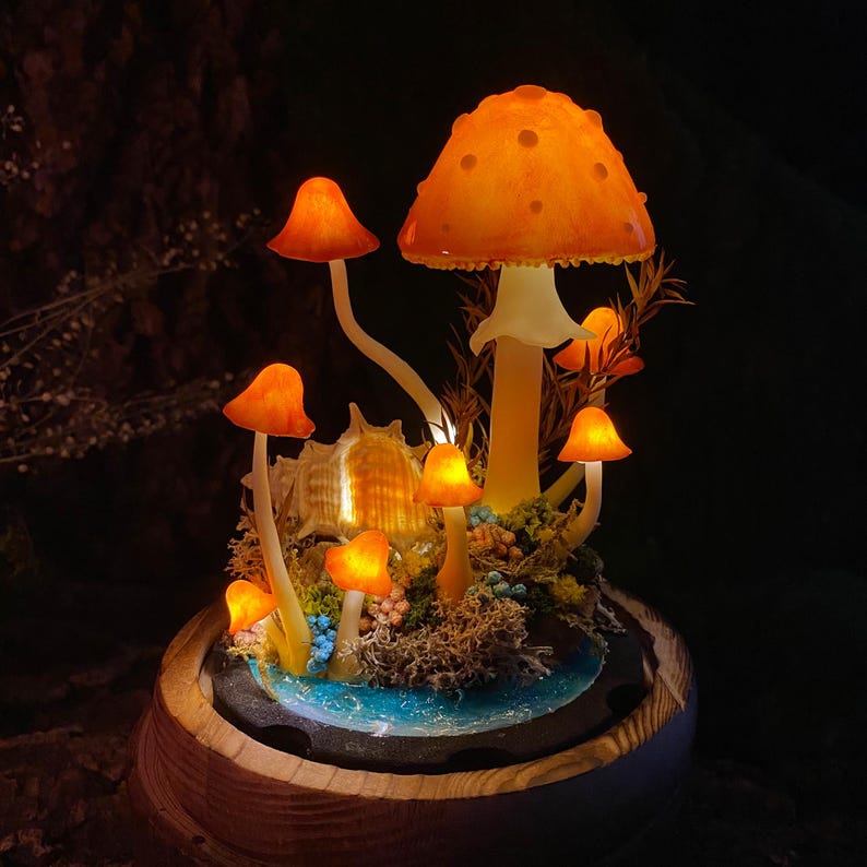 Ocean Fairy Night Light with Mushroom Lamp and Miniature Fairy, Wooden Base and Glass Dome, Standard or Large Size