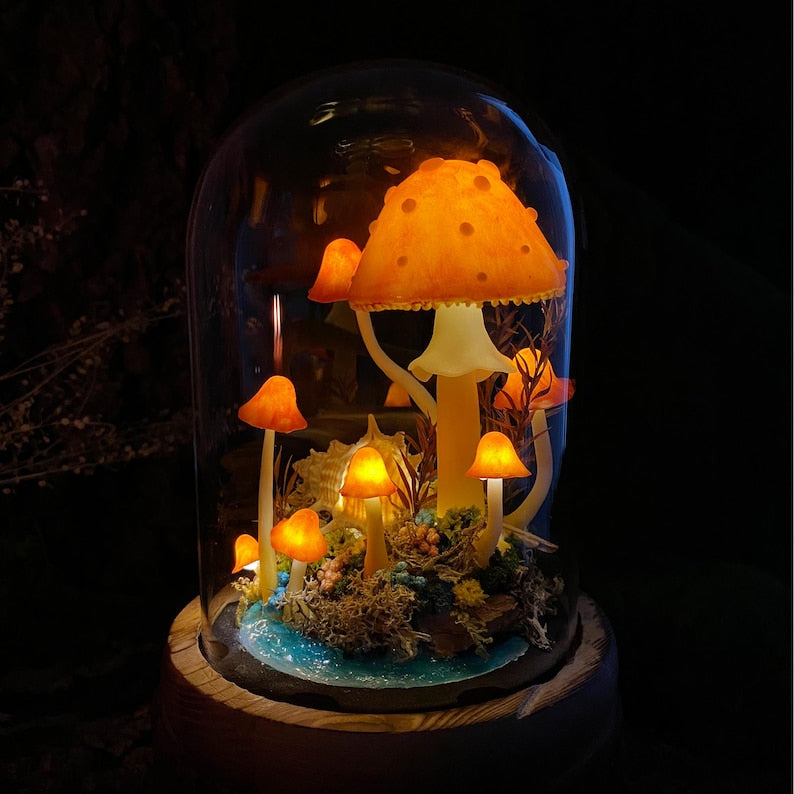 Ocean Fairy Night Light with Mushroom Lamp and Miniature Fairy, Wooden Base and Glass Dome, Standard or Large Size