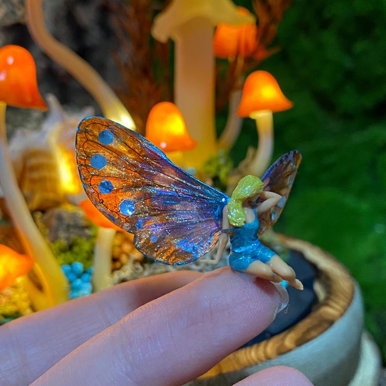 Ocean Fairy Night Light with Mushroom Lamp and Miniature Fairy, Wooden Base and Glass Dome, Standard or Large Size