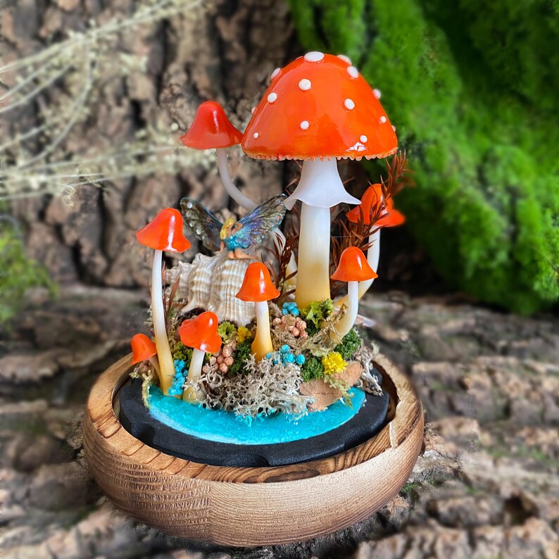 Ocean Fairy Night Light with Mushroom Lamp and Miniature Fairy, Wooden Base and Glass Dome, Standard or Large Size
