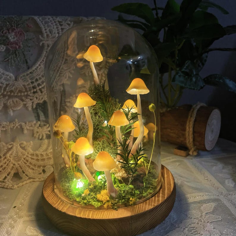 Mushroom Night Light, Handmade Glass Lamp with Wooden Base, Orange, Battery or USB Powered, 15 cm