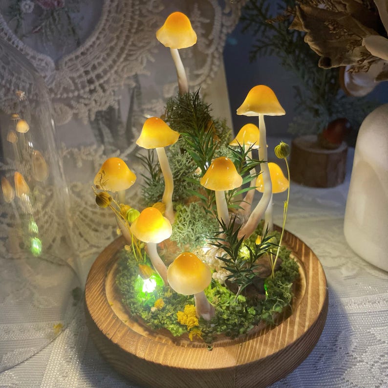 Mushroom Night Light, Handmade Glass Lamp with Wooden Base, Orange, Battery or USB Powered, 15 cm