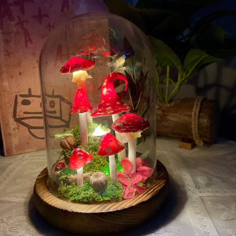 Red Mushroom Lamp with White Dots - Glass Dome LED Night Light, Wooden Base, 15cm Height, Battery or USB Powered