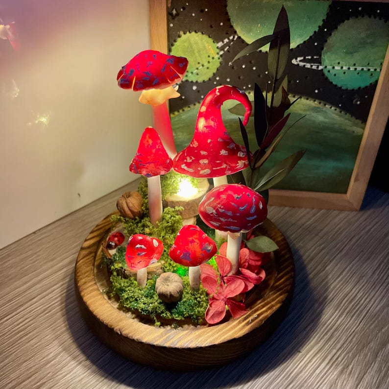 Red Mushroom Lamp with White Dots - Glass Dome LED Night Light, Wooden Base, 15cm Height, Battery or USB Powered