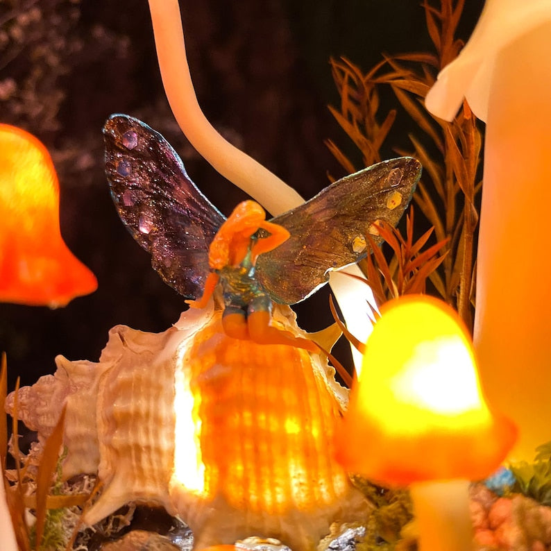 Ocean Fairy Night Light with Mushroom Lamp and Miniature Fairy, Wooden Base and Glass Dome, Standard or Large Size