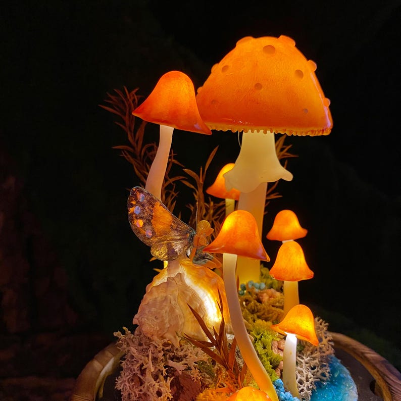 Ocean Fairy Night Light with Mushroom Lamp and Miniature Fairy, Wooden Base and Glass Dome, Standard or Large Size